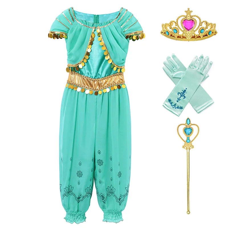 Jasmine Set E 4 шт. принцесса одежда Jasmine Комплект для девочки Топ Брюки повязка на голову Тюлевая накидка ребенок Алладин Косплей Вечерние наряды танец живота одежда - Цвет: Jasmine Set E