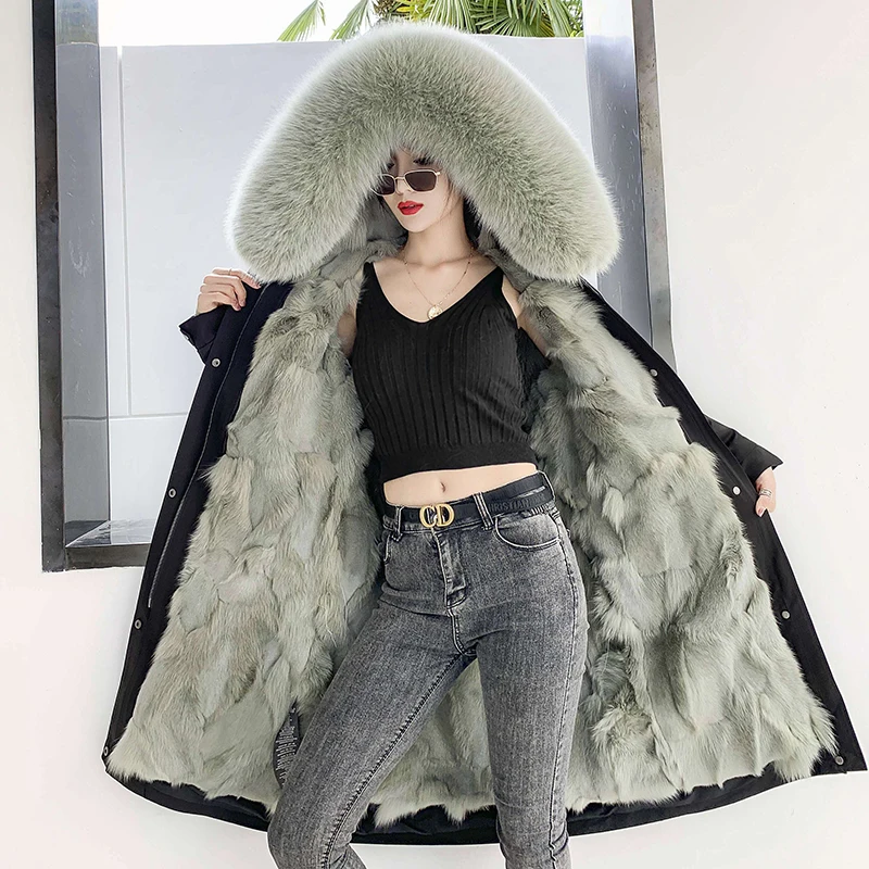 2021 New Winter Women's Leather Coat Long Detachable Rabbit Fur Lining Hooded Parka Big Fox Fur Collar Warm Fur Coat Jacket