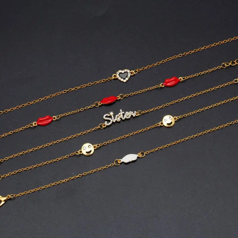 5Pcs Women Sweet Lips Sisters Crystal Inlaid Gold Chain Bracelet Kit Jewelry Set | Украшения и аксессуары