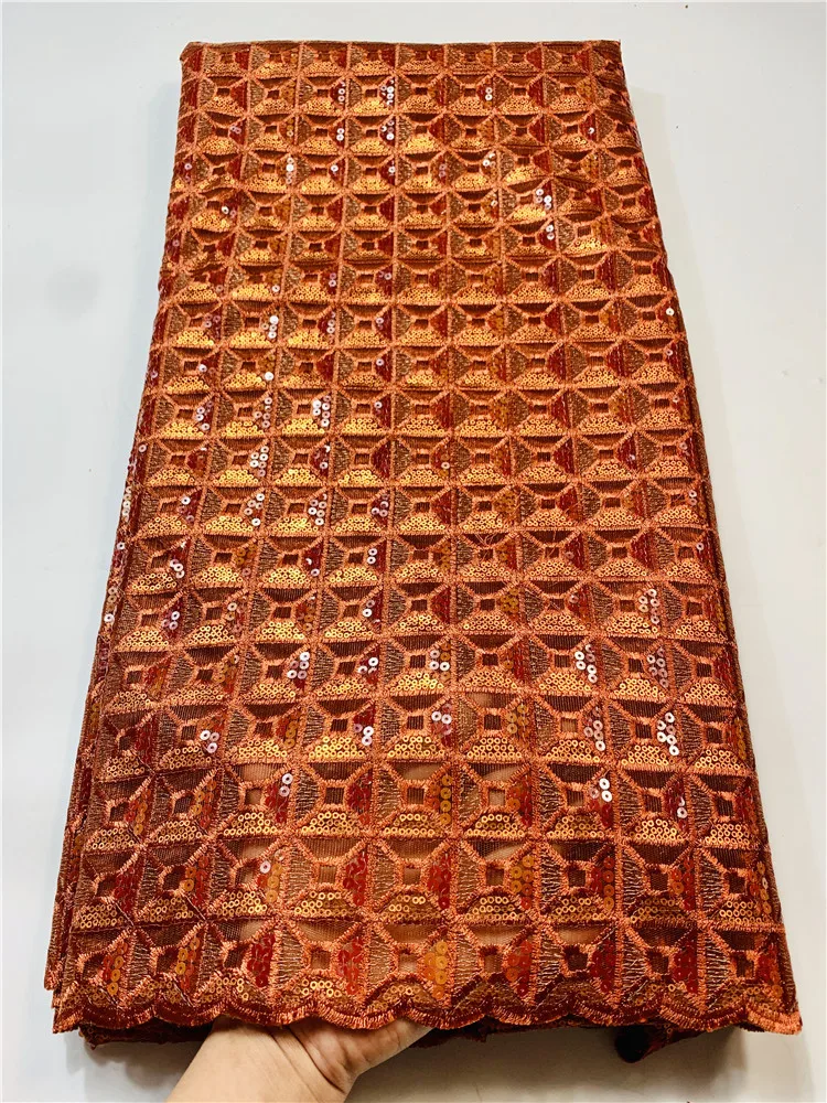

Latest High Quality ORANGE French Mesh Milk Silk Laces Fabrics With Sequins For Nigerian Wedding Party Dress FYIN21