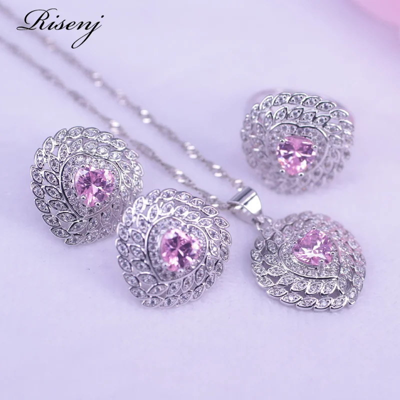 Комплект украшений Roamntic, в форме сердца, квадрата, с розовым цирконием, для женщин, серьги-кольца, ожерелье, кольцо, свадебные украшения