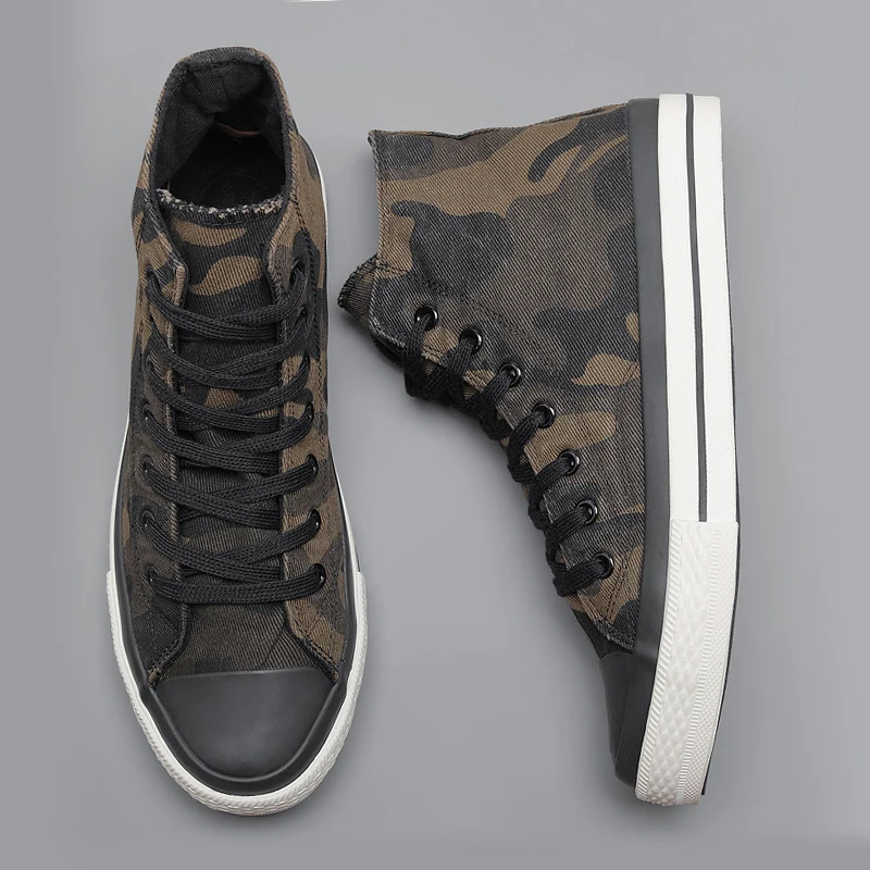

Spring New Men's High-top Canvas Shoes Korean Fashion Camouflage Vulcanized Shoes Round Toe Trend Tie Sneaker Rubber Men Boots