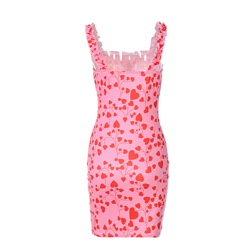 

Women's Fashion Sleeveless Heart Print Dress Sexy Lace Suspender Dress Stylish Open Back Mini Sling Dress for Daily Wear