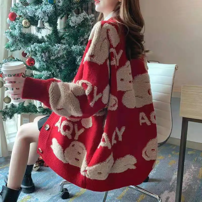 

Knit Sweater Coat 2021 Korean Fashion Loose Bear Embroidery Winter Women Cardigan Casual Elegant Black Red Warm Female Tops