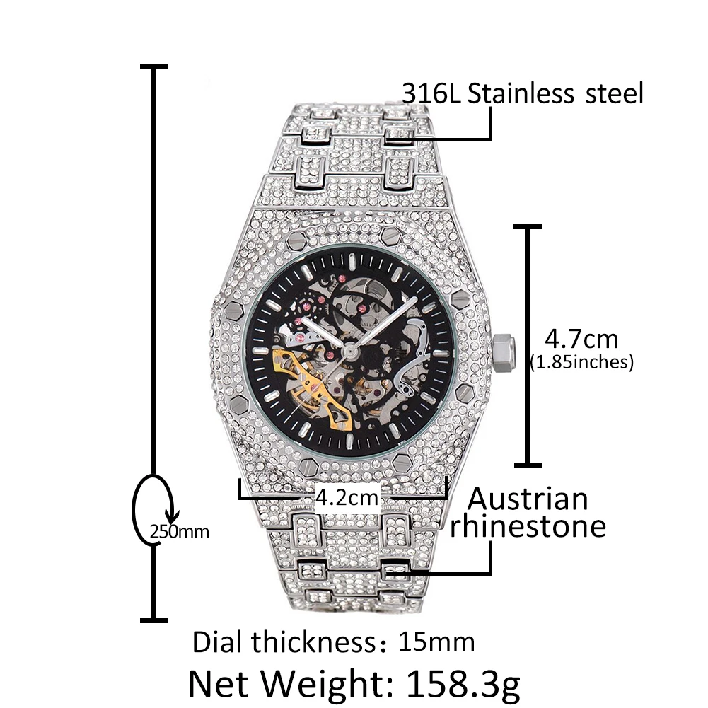 

Uwin Stainless Steel Mechanical Watch Waterproof Full Iced Out Minimalist Diamond Classic Designer Watches For Male