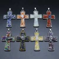 crystal stone cross lapis lazuli pendant crystal agate colorful stone gravel inlaid alloy leather cord ladies necklace jewelry