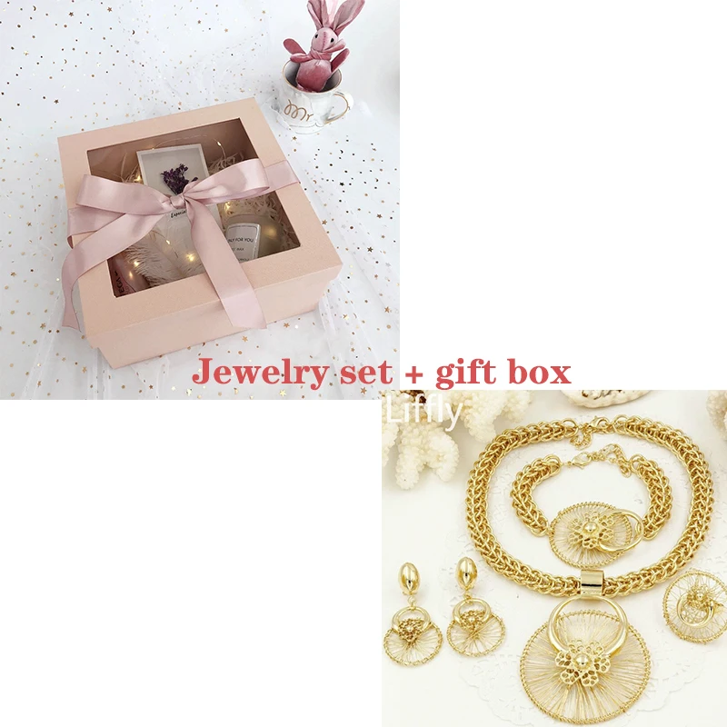 Jewelry Sets and box Liffly New Italy Fashion Costume Jewellery African Women Big Necklace Bracelet Rings Earrings Set Dubai Gold Platin Jewelry Sets - Окраска металла: Jewelry Sets and box