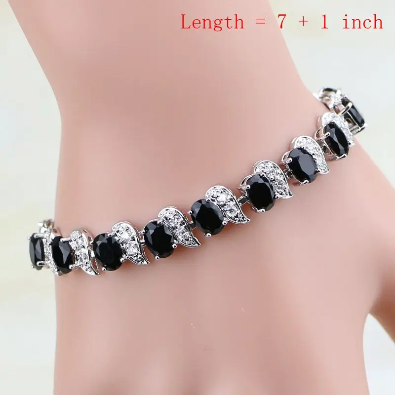 925 Silver Jewelry Black Stone White CZ Sets For Women Party Earrings Pendant Open Rings Bracelet Necklace Set | Украшения и