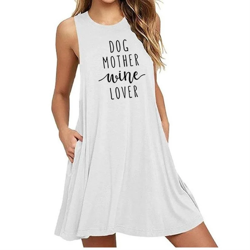 

Dog Mother Wine Lover Letters Print Sleeveless Dress Young Women O-neck Casual Clothing Dresses Summer Loose With Pockets Dress