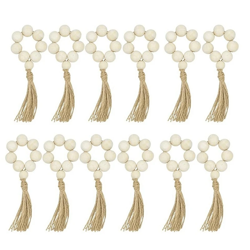 

12Pcs Wood Bead Napkin Rings with Tassels Rustic Farmhouse Wood Beads Garland Wall Hanging Decor Weddings Home Decor