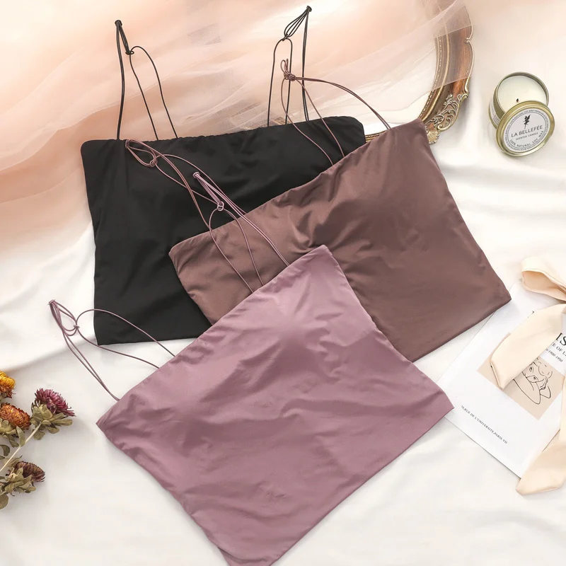 

Женский топ на бретельках из ледяного шелка, женский топ-труба, нижнее белье, базовый тонкий бесшовный тонкий пояс, красивый короткий внешни...