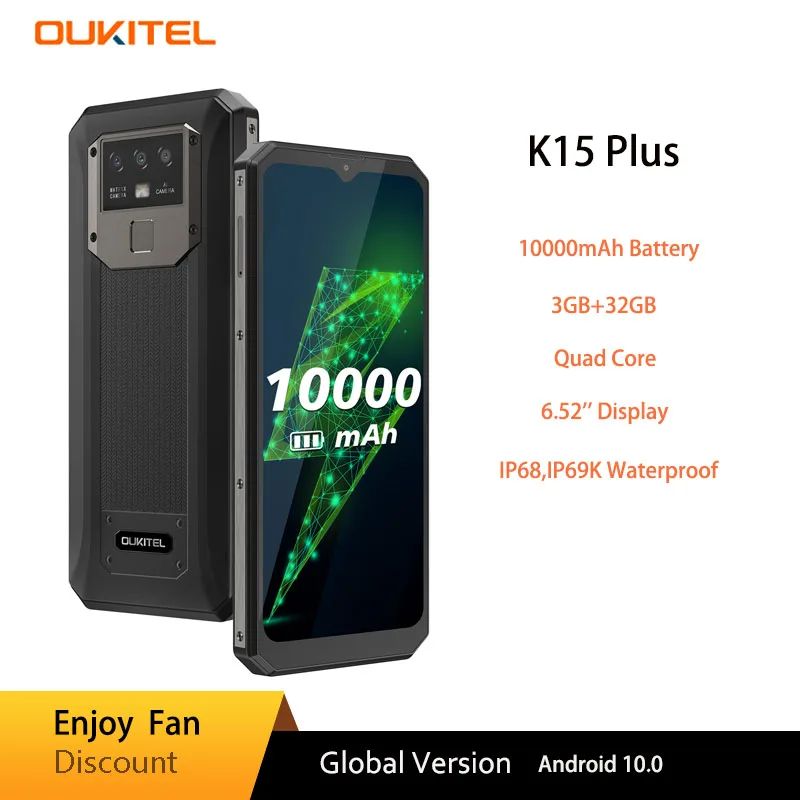 

OUKITEL K15 Plus 10000mAh NFC Rugged Smart Phone 6.52" 3GB RAM 32GB ROM Cell Phone Quad Core Android 10 Mobile Phone MT6761 13MP
