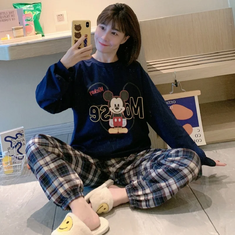 

Pajamas Women Spring Autumn New Style Mickey Cartoon Long-Sleeved Loose Round Neck Pajamas Outer Wear Casual Home Service Suit