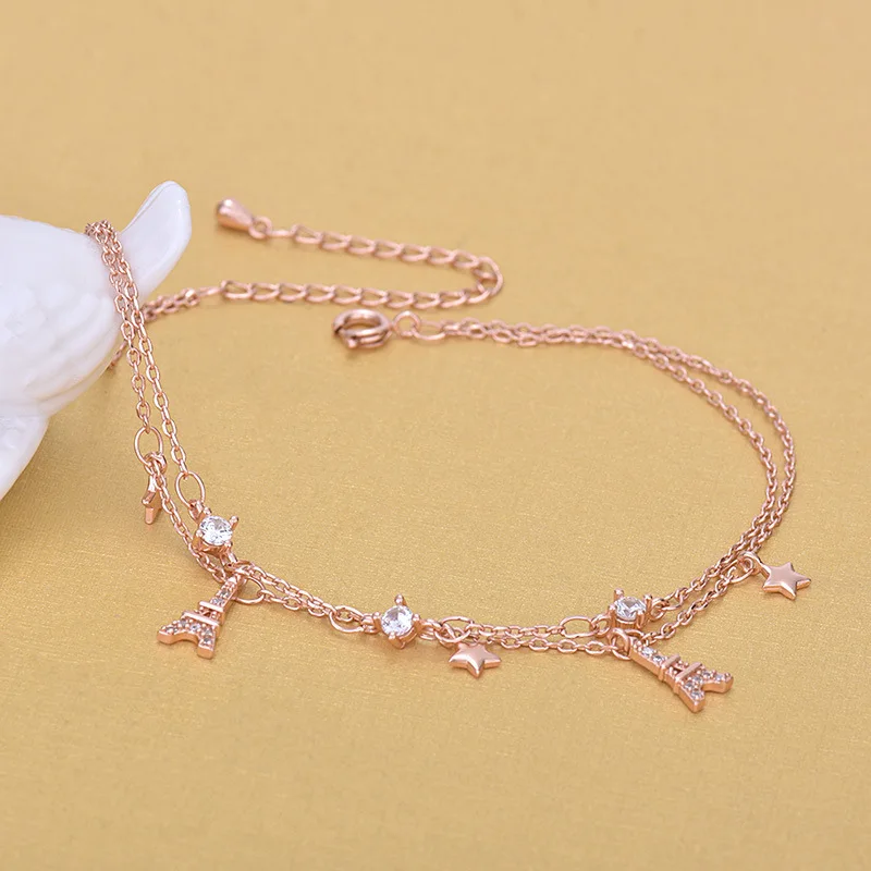 Good Quality Korea Style Rose Gold Rhinestone Crystal Star Eiffel Tower Charm Anklets Jewelry For Gifts | Украшения и аксессуары
