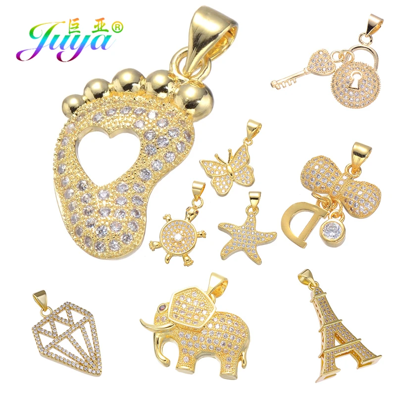 Juya DIY принадлежности для подвесок Micro Pave Циркон маленькие ножки медальон бабочка черепаха Слон Подвески для женщин дети Изготовление ювелирных изделий