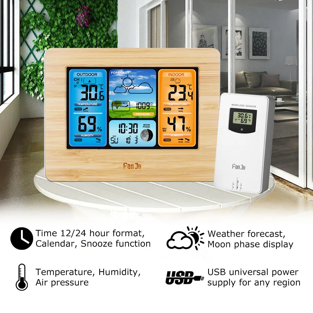 New FJ3373Type Weather Station Digital Thermometer Wireless Hygrometer Sensor Forecast Temperature Watch Wall Desk Alarm Clock |