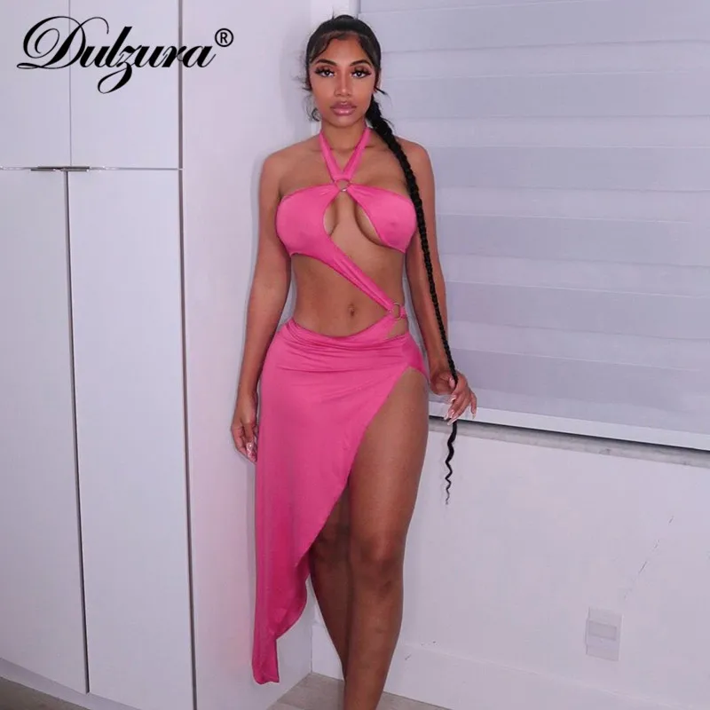 

Dulzura 2021 Summer Women Pink 2 Pieces Halter Tanks List Midi Skirt Hollow Out Patchwork Sexy Bodycon Club Streetwear Outfit