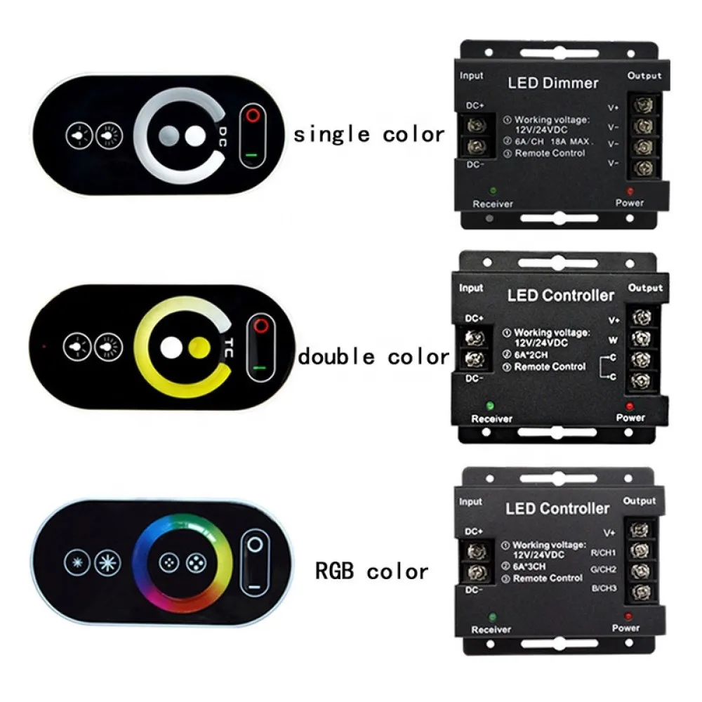 

Touch LED RGB Single color Dimmer Controller RF 433MHz Wireless 18A 216W DC 12V 24V LED Remote Control for LED Strip lights