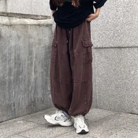 houzhou brown vintage baggy cargo pants women 90s streetwear pockets elastic waist y2k japanese casual loose trousers autumn
