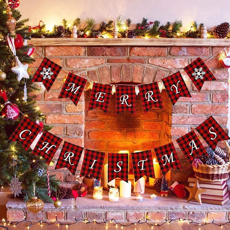 

Merry Christmas Banner with Two Snowflake Flags,Buffalo Plaid Banner Decoration for Fireplace Wall Christmas Tree.