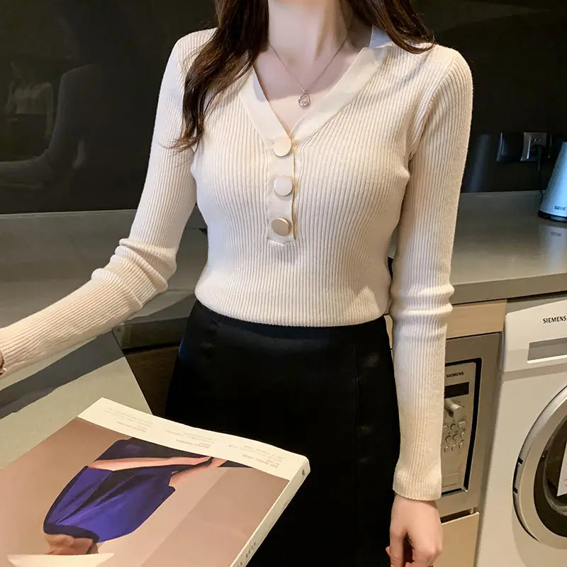

2020 Autumn Spring Women Casual Slim V-Neck Bottoming Sweaters Solid Color Winter Basic Tops Wild Long Sleeve Pullover Top H247