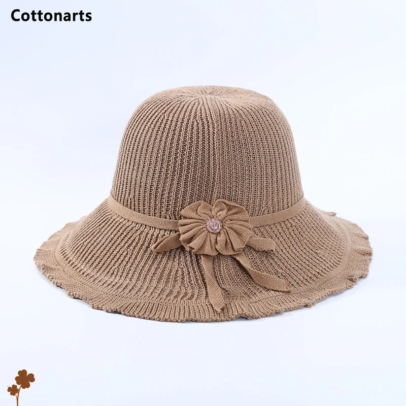 

Hollow and Breathable Fisherman Hat for Women Travel Solid Color Foldable Sun Hat with Bow Knitted Sunshade Decoration Beach Hat