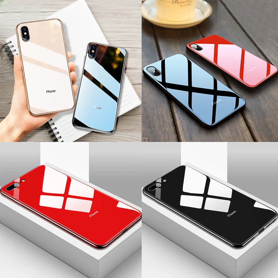 Роскошный чехол из закаленного стекла для телефона для iPhone 6 6s 7 8 Plus Ultra Slim покрытие Глянцевая черный, красный для iPhone x xs xr max чехол Крышка