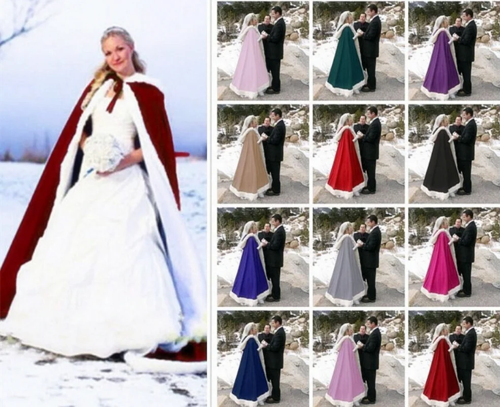 

Теплая зимняя Свадебная куртка, Длинная накидка с капюшоном и отделкой из искусственного меха, разноцветная Свадебная шаль, плащ, свадебные...