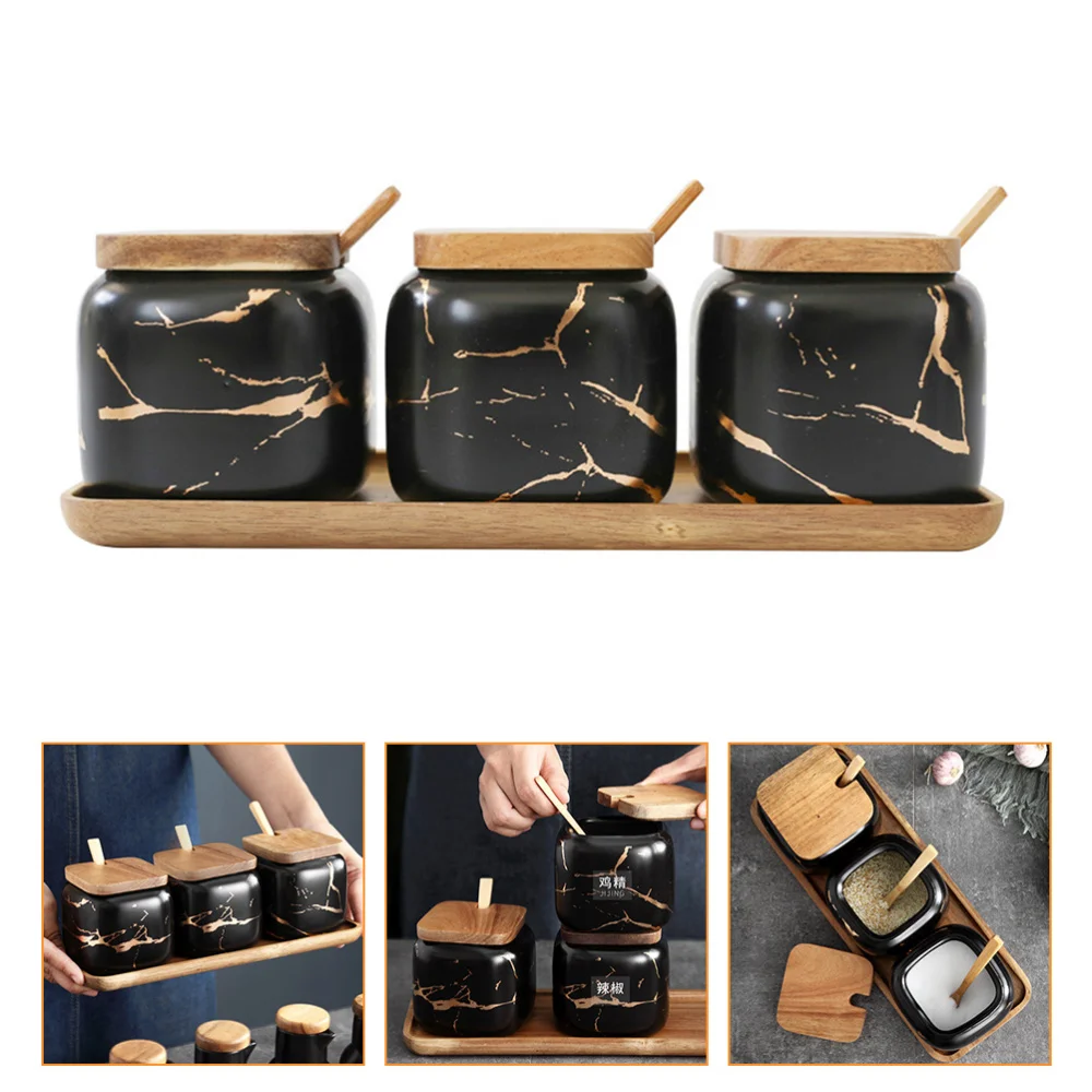 

1 Set Condiment Pots Seasoning Jars Kitchen Supplies with Lids Spoons Tray
