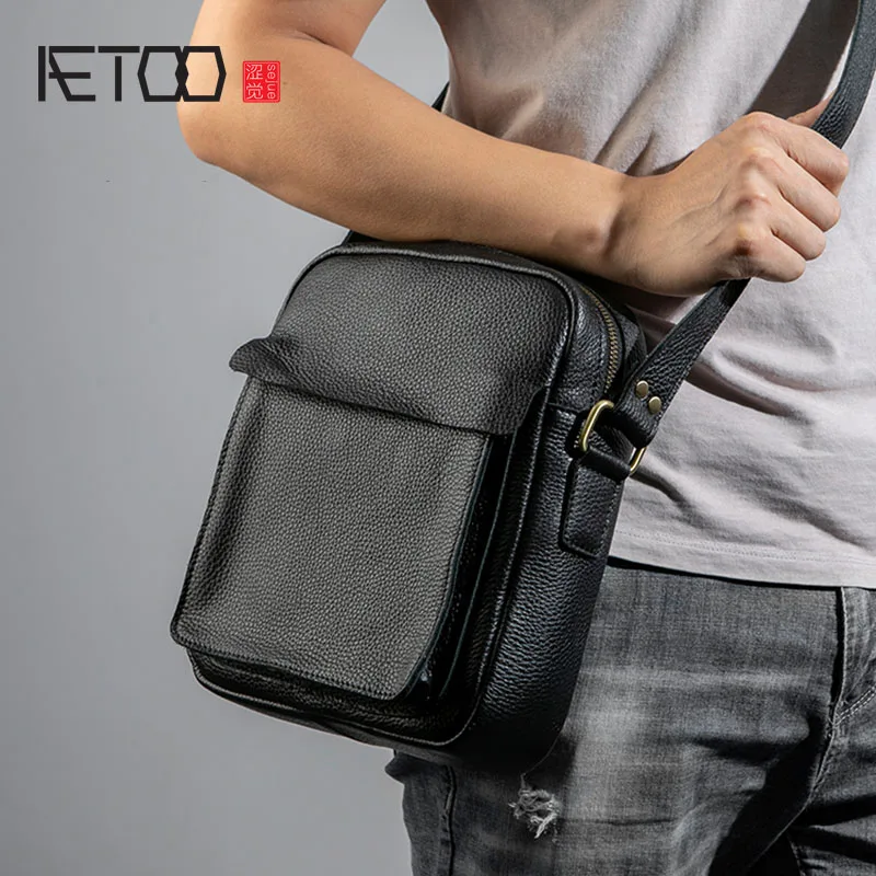 AETOO кожаная мужская сумка на одно плечо вертикальная повседневная из воловьей