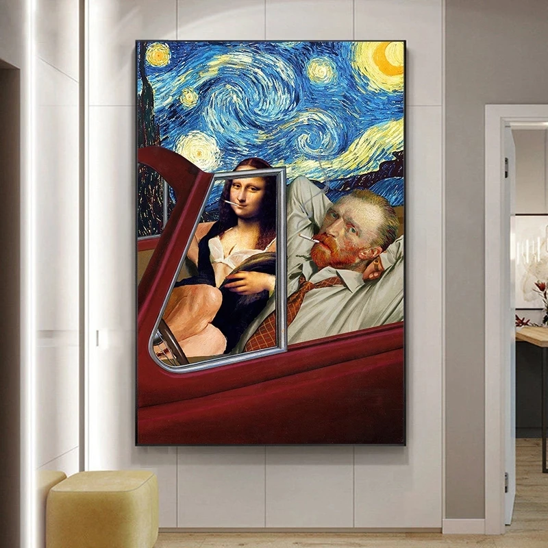 

Funny Art Mona Lisa Van Gogh Smoking In Car Canvas Painting Poster Starry Night Wall Art Prints Pictures for Living Room Decor