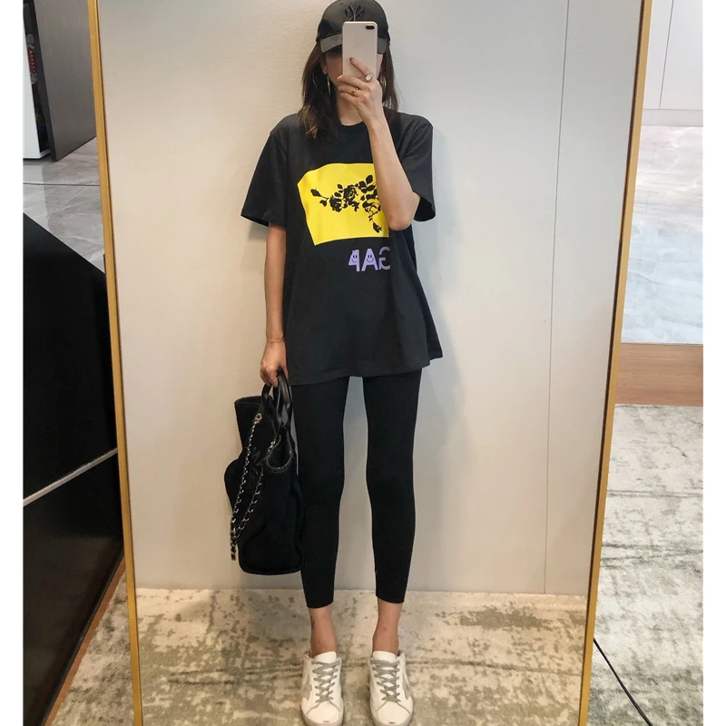 Женская футболка летняя с коротким рукавом принтом смайлика и 2020S черный топ |