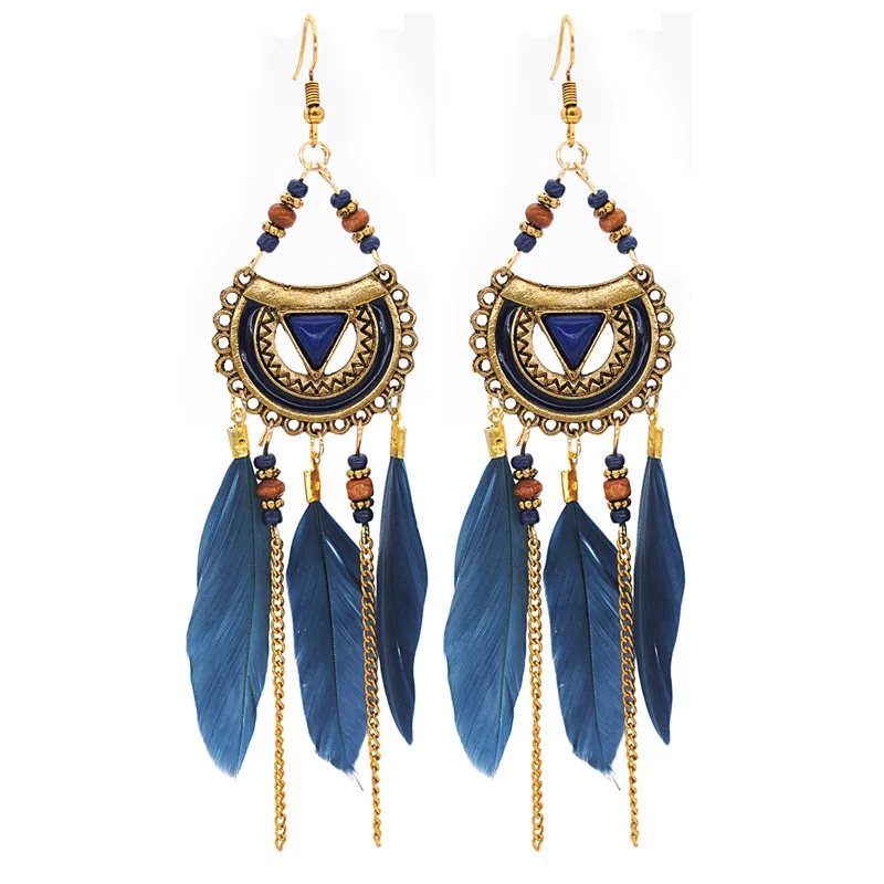

2020 Cross-Border Europe Ornament Bohemia Vintage Tassel Feather Earrings on Holiday By The Sea, Beach Wind Ear Pendant