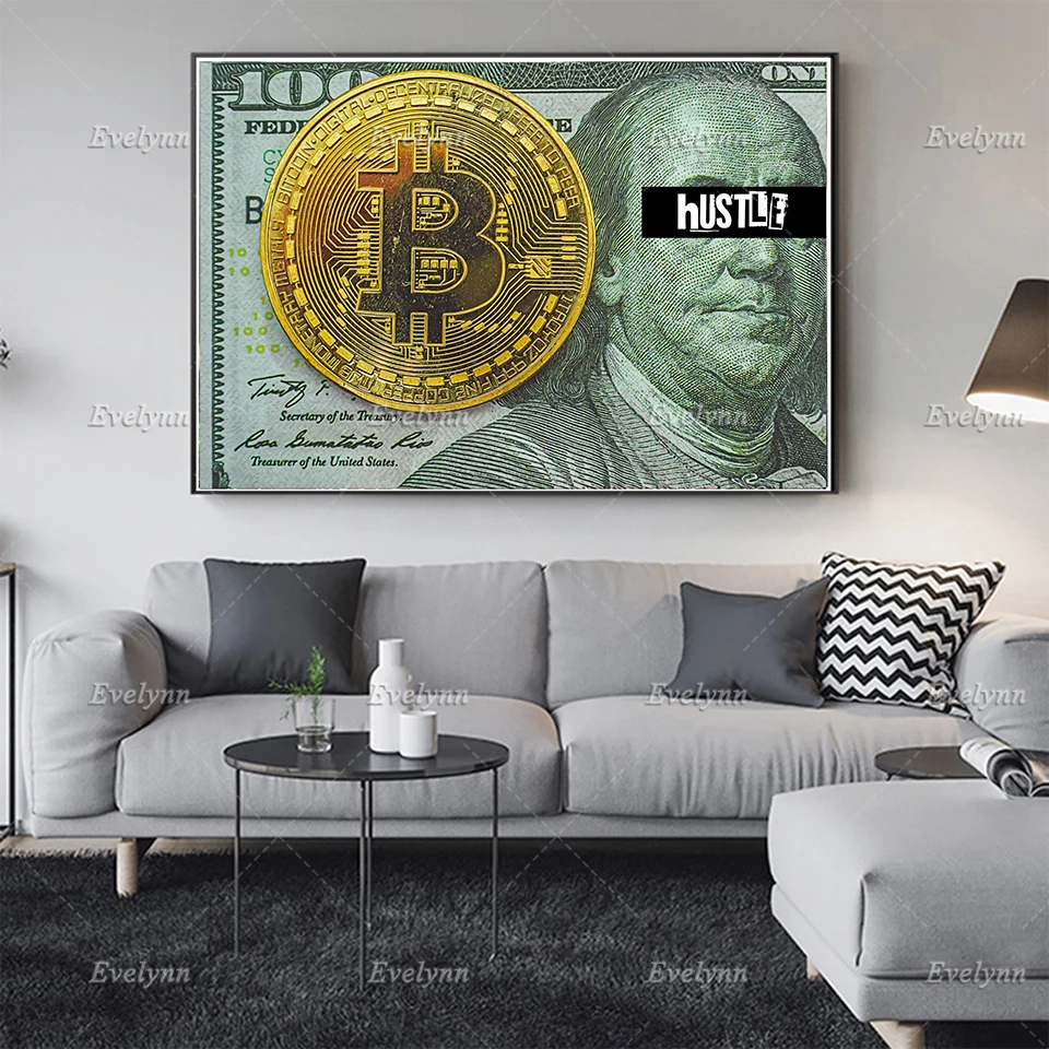 

Bitcoin Graffiti Abstract Wall Art Canvas Painting Ben Franklin Posters and Prints Modular Office Home Decoration Floating Frame