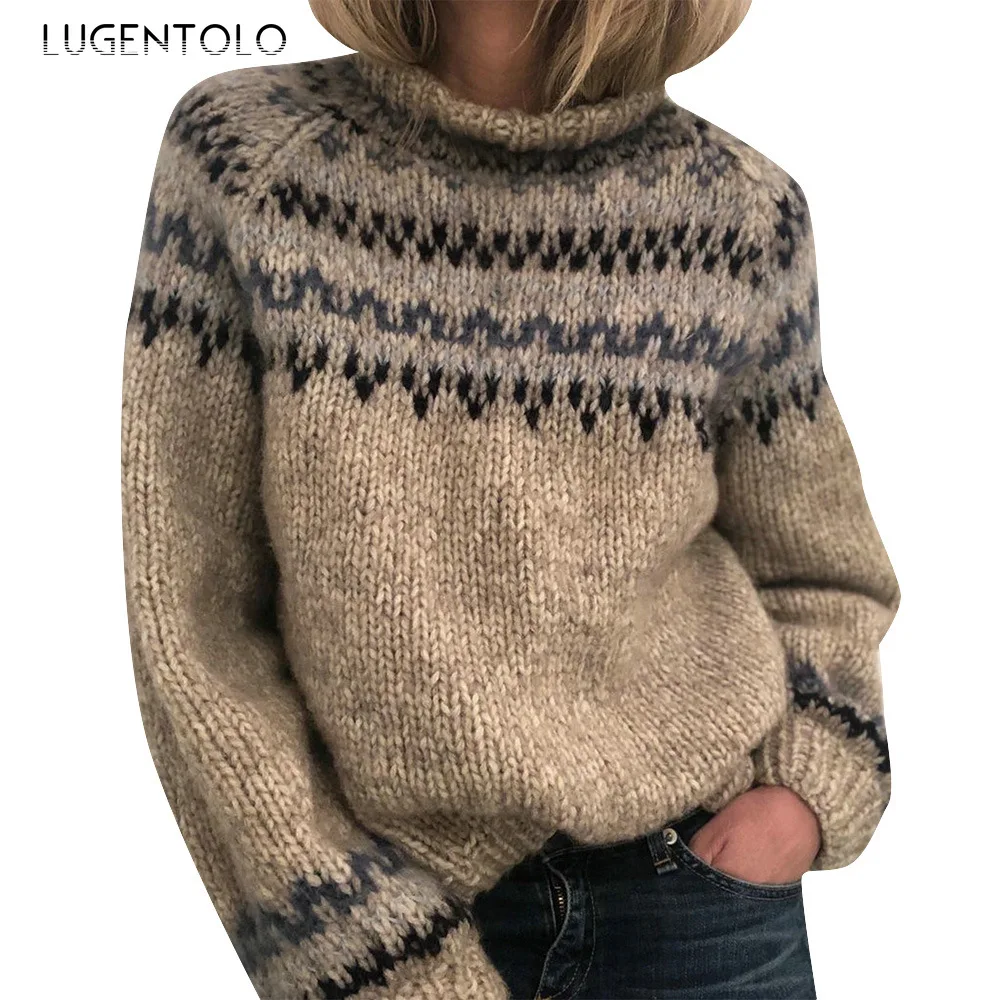 

Lugentolo Autumn Women Sweater Half-Collar Fashion Loose-fit Pullover Straight Unisex Style Printed Female Casual Sweater