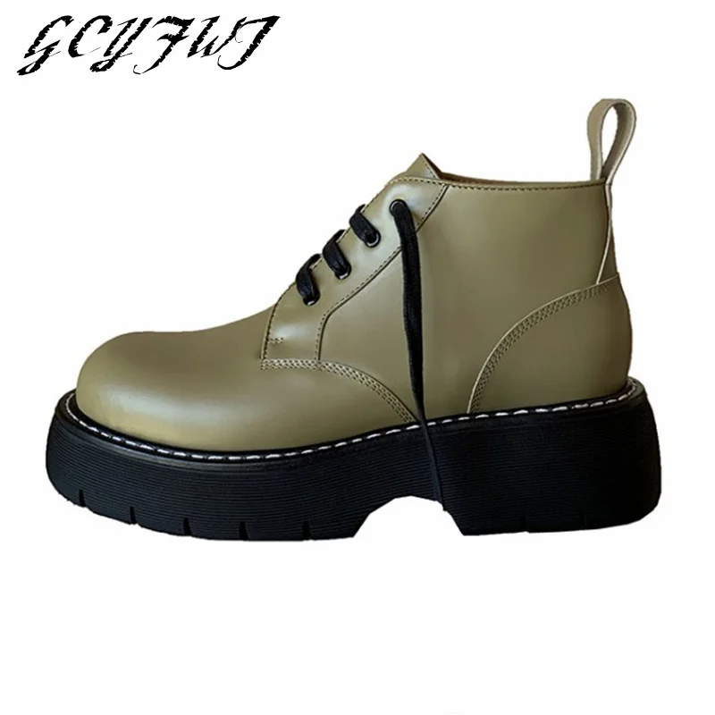 

Women's Ankle Boots Round Toe Lace-Up Flat Plarform Women Shoes Solid Color Thick Bottom Sewing Shallow Fashion Zapatillas Mujer