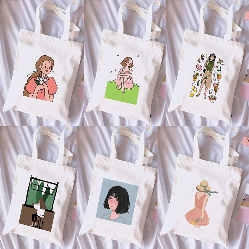 

Cute Girls Printed Canvas Reusable Shopping Bags Women Large Tote Bags 2021 Fashion Handbags Young Girls Shopping Tote Book Bags