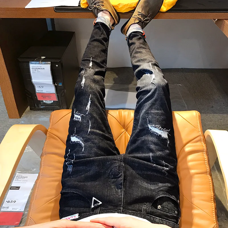 

Shattered jeans men's slim feet stretch straight Korean trend 2020 beggar pants spring summer cowboy teenagers denim pants