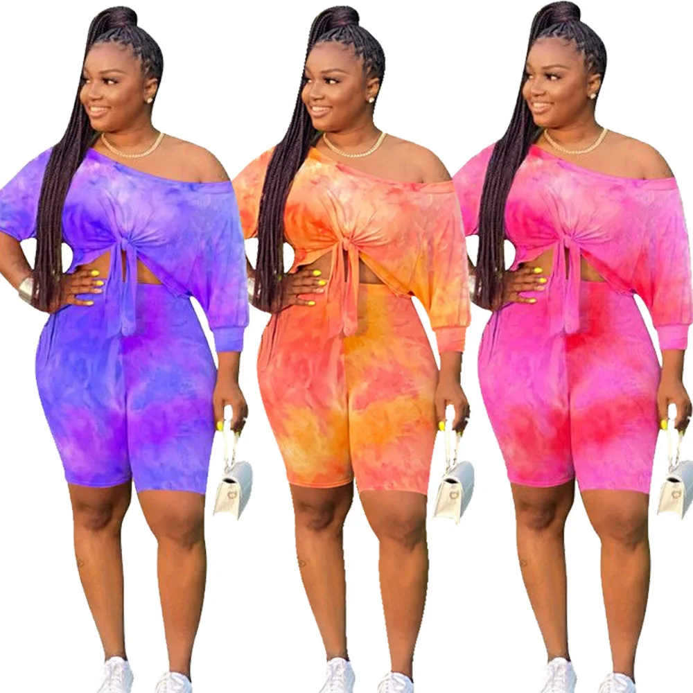 

Somoshein Fashion Tie Dye Print Shorts Sets Personality Skew Neck Beachwear Slim Sexy Crop Top Women Outfit Conjuntos De Mujer