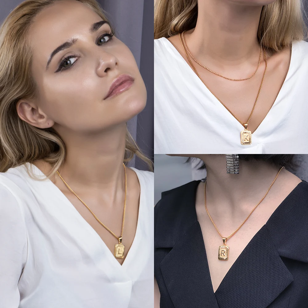 26 Initials Square Alphabet Pendant Necklace For Women Men Gold Golor Name Charm Box Link Chain Best friend Necklaces Jewelry | Украшения и