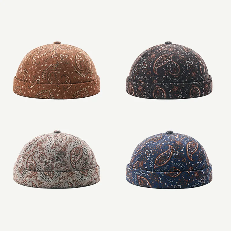 

Paisley Floral Printed Brimless Hat for Mens Casual Breathable Beanie Hats Retro Adjustable Landlord Sailor Cap Pumpkin Hat