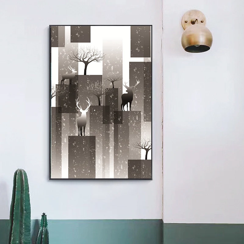 Абстрактная геометрическая живопись на холсте олень черно-белая цветная печать