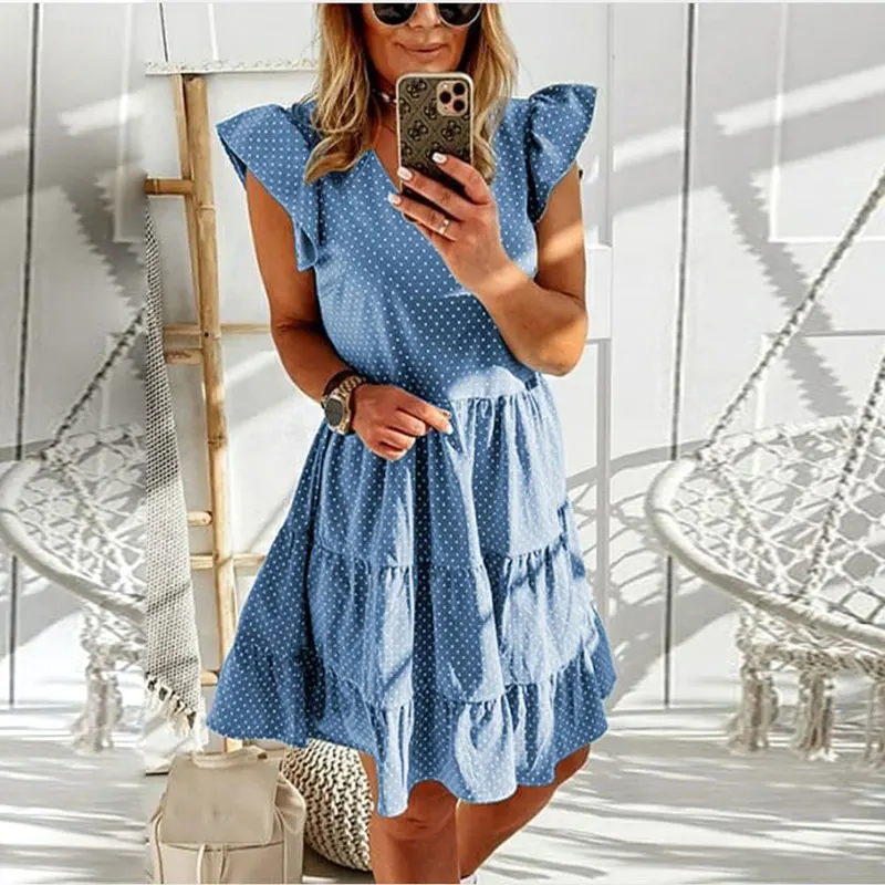 

Летнее платье 2022, женское уличное пикантное свободное тонкое пляжное платье в горошек, розовое мини-платье с V-образным вырезом, женские платья для женщин