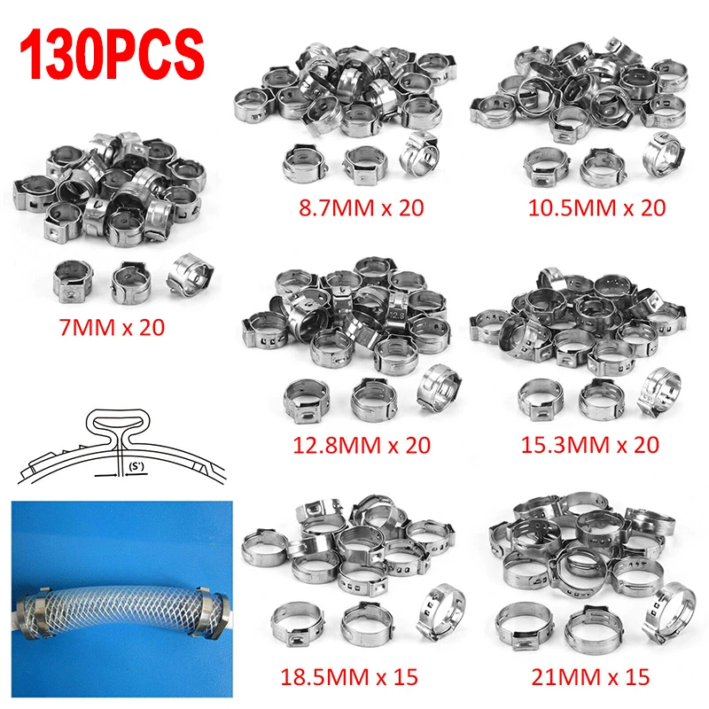 130pcs Single Ear Hose Clamps 7 Sizes Stainless Steel Water Pipe Clamp Mixed Assorted Set for Sealing All Kinds of | Обустройство