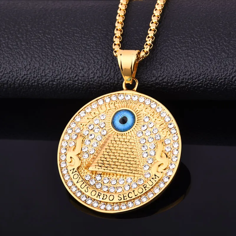 

2018 Stainless Steel with Rhinestone Hiphop free mason pendant necklaces fashion vintage god of eye necklace men jewelry gifts