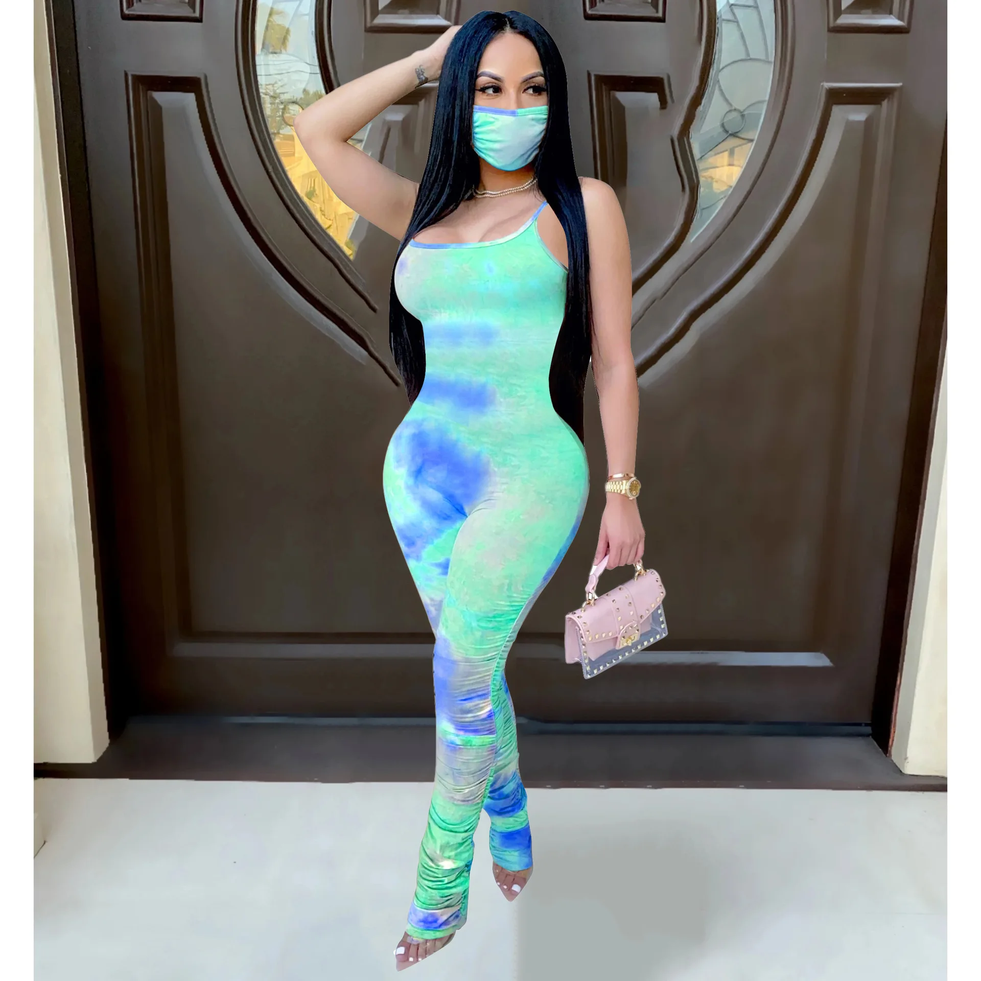 

Women Jumpsuit Tie Dye Print With Mask Stacked Bell Bottom Bodysuit Jumpsuit Sexy Club Party Romper Playsuit One Piece Overalls