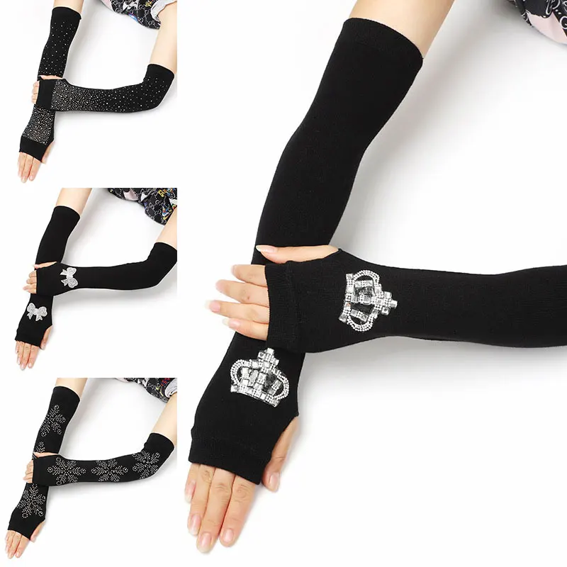 Женские зимние перчатки Стразы вязаные эластичные с открытыми пальцами длинные