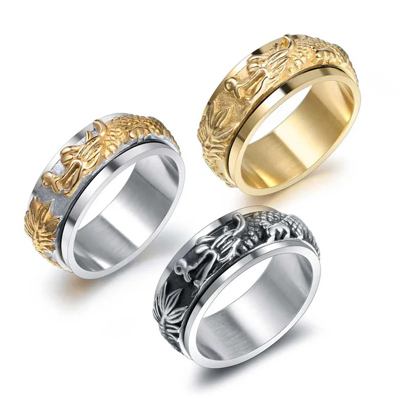 

Europe and the United States in 2021 punk panlong turn the hip-hop gold plated titanium steel ring wholesale men's ring