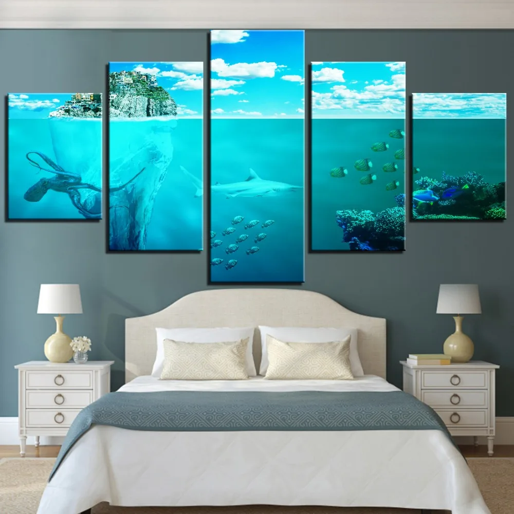 

5 Pieces Sea Island Canvas Painting Animals Fish Shark Octupus Wallpapers City Posters Seascape Pictures For Home Room Decor Art