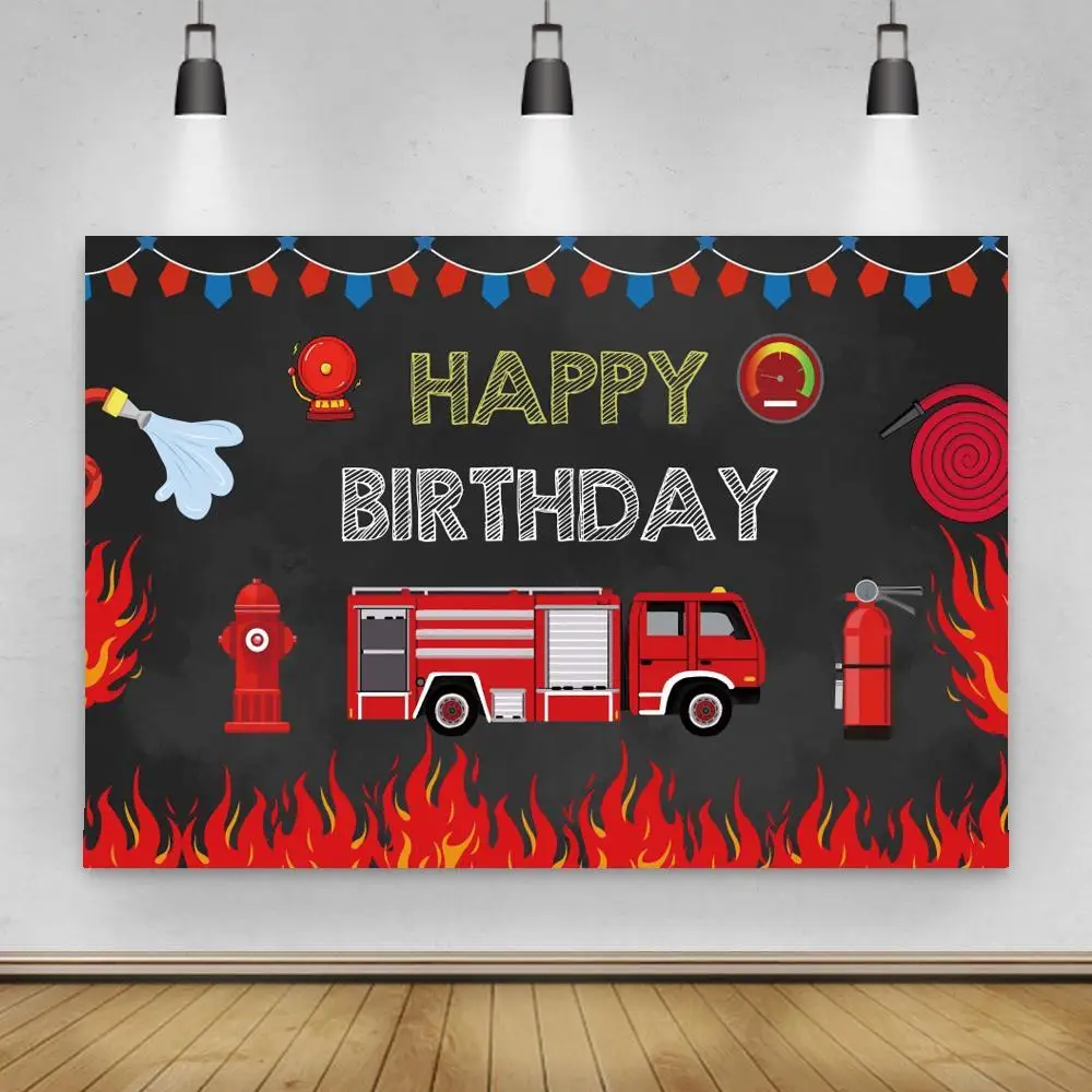 

Happy Birthday Fire Tuck City Heros Cartoon Backdrops Photography Red Water Hydrant Firemen Theme Party Decor Photo Backgrounds